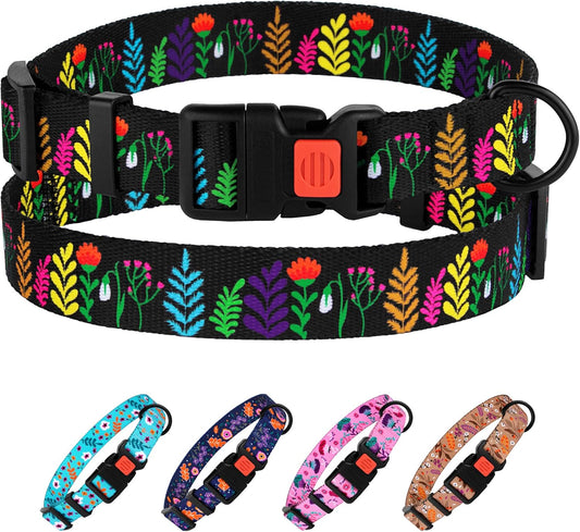 Floral Dog Collar Nylon Pattern Flower Print Adjustable Pet Collars for Dogs Small Medium Large Puppy (Neck Fit 10"-13", Black)